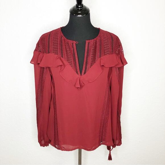 Rebecca Minkoff dark red lace ruffle trim tie sleeve top size Large feminine - Picture 1 of 16